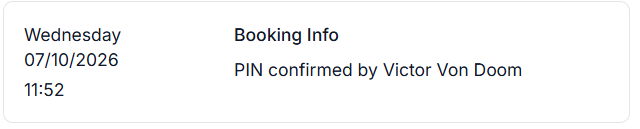 Booking notes showing the username and timestamp