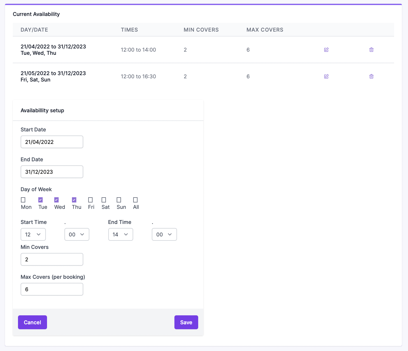 booking option availability simpleERB