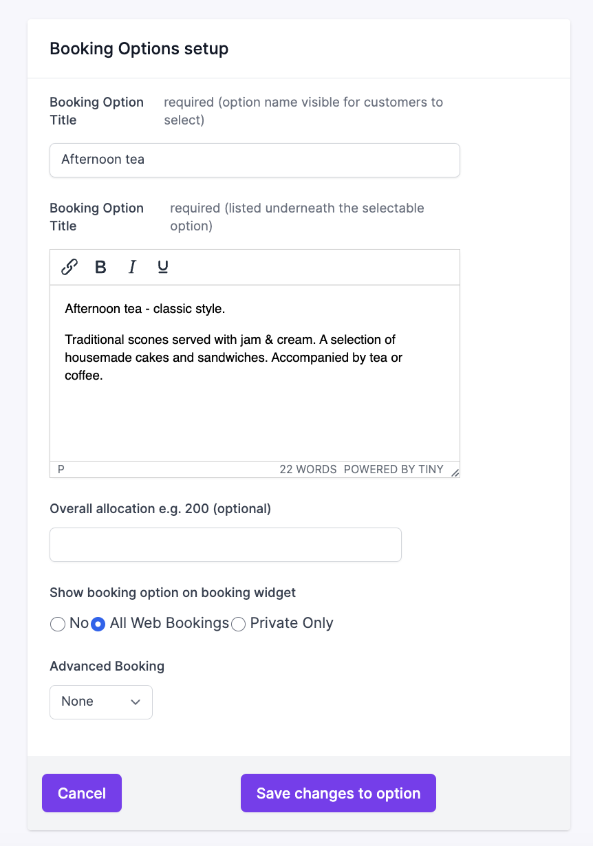 booking option configuration simpleERB