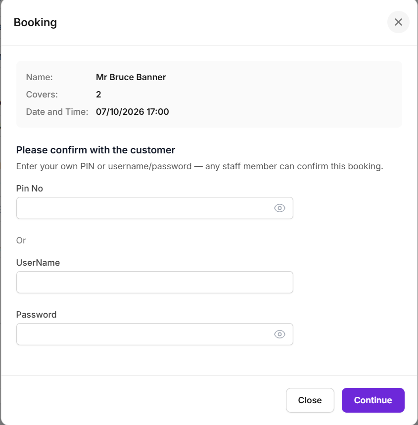 PIN popup when creating a new booking
